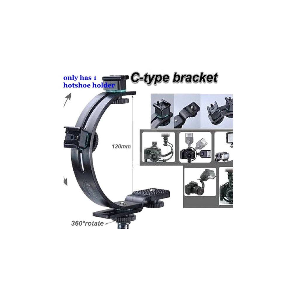 C-Shape Flash Bracket Holder With Dual Hot Shoes - Adjustable Mount For DSLR, Camcorder & DV Cameras