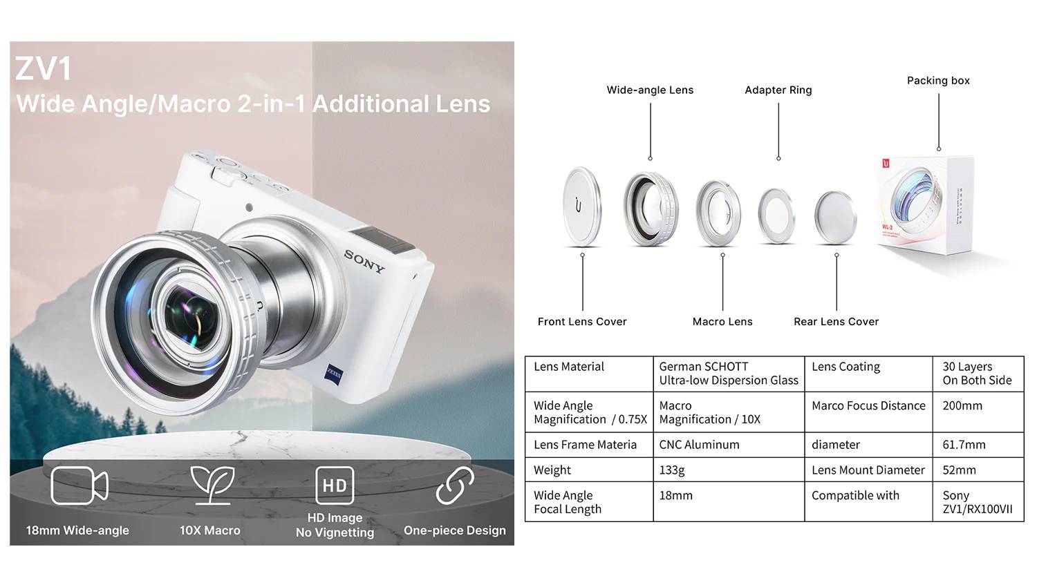 Ulanzi White WL-2 Wide Angle Lens Micro Lens for Sony ZV-1