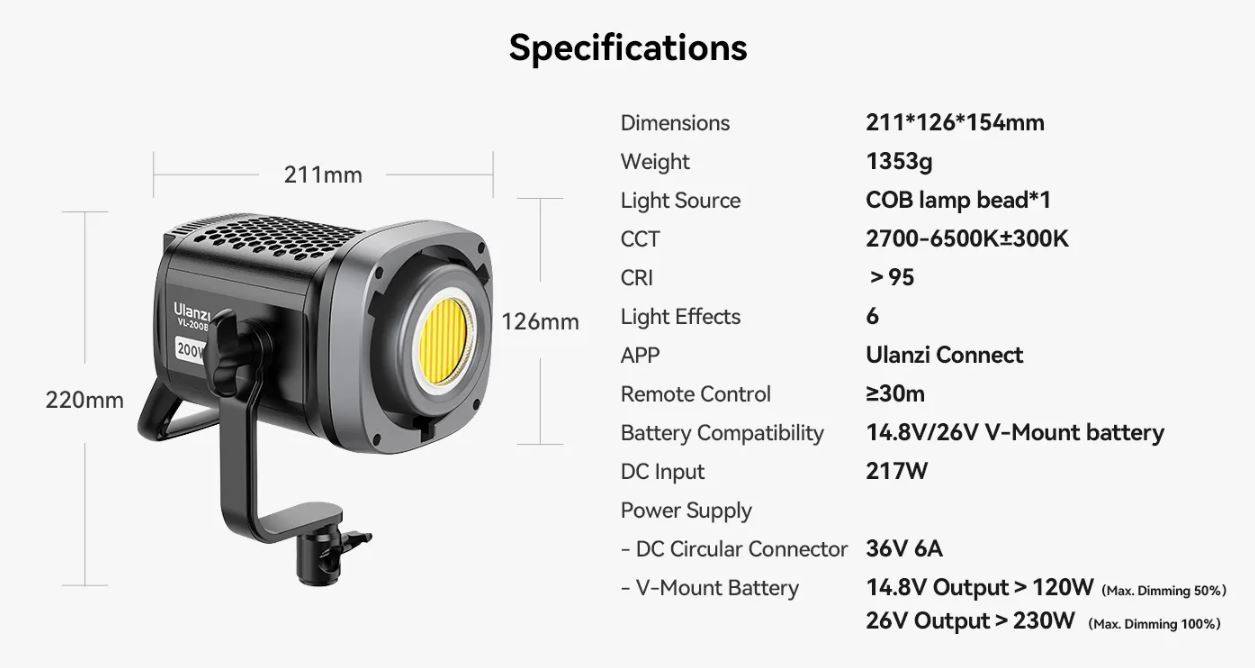 Ulanzi VL200 VL-200Bi 200W V-Mount COB Video Light Wireless APP Control ...