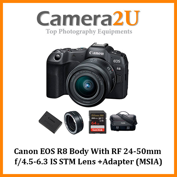 Camera Bag Tripod R8 Mirrorless Digital Camera Body Adapter RF 24-50mm F/4.5-6.3 IS STM, 32.5MP APS-C CMOS Sensor, 4K60 10-Bit Video 2 Year